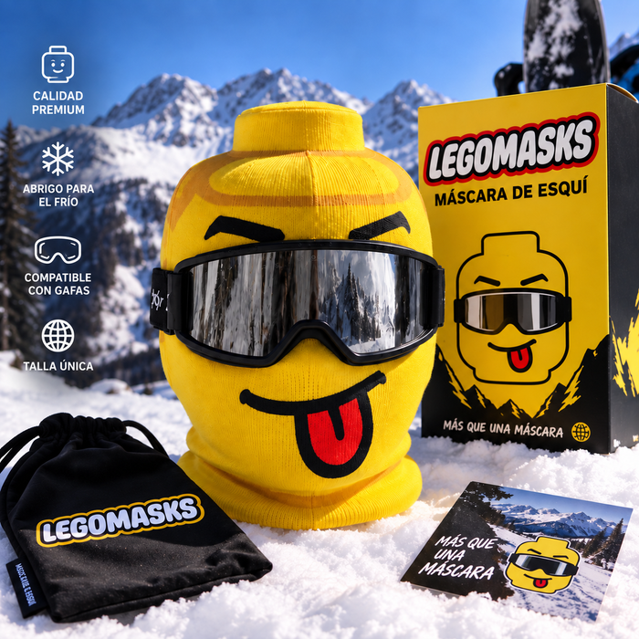 Máscara de esquí Legomasks amarilla con embalaje y accesorios